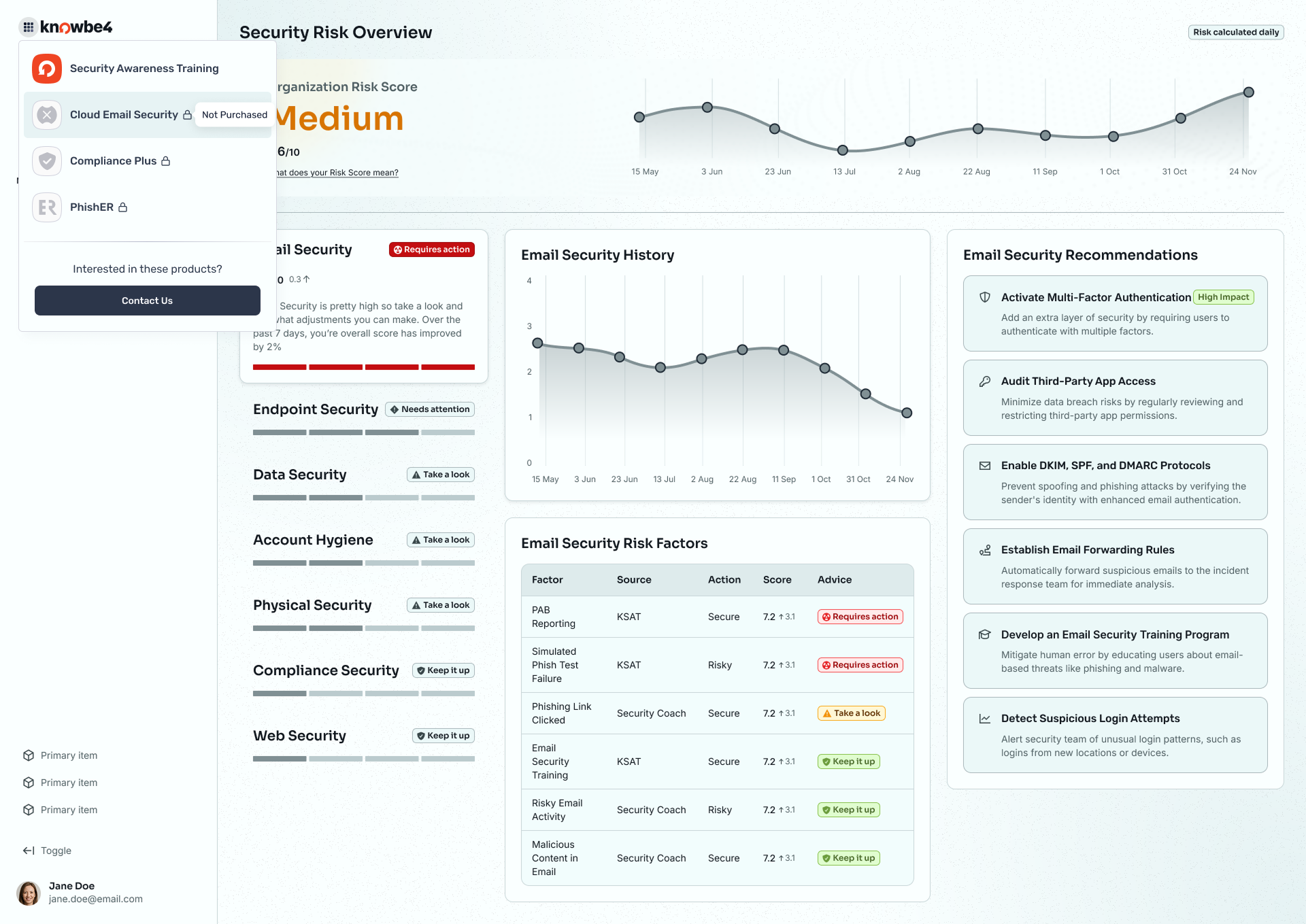 Bento navigation showing owned and unowned products with a Contact Us upsell entry point